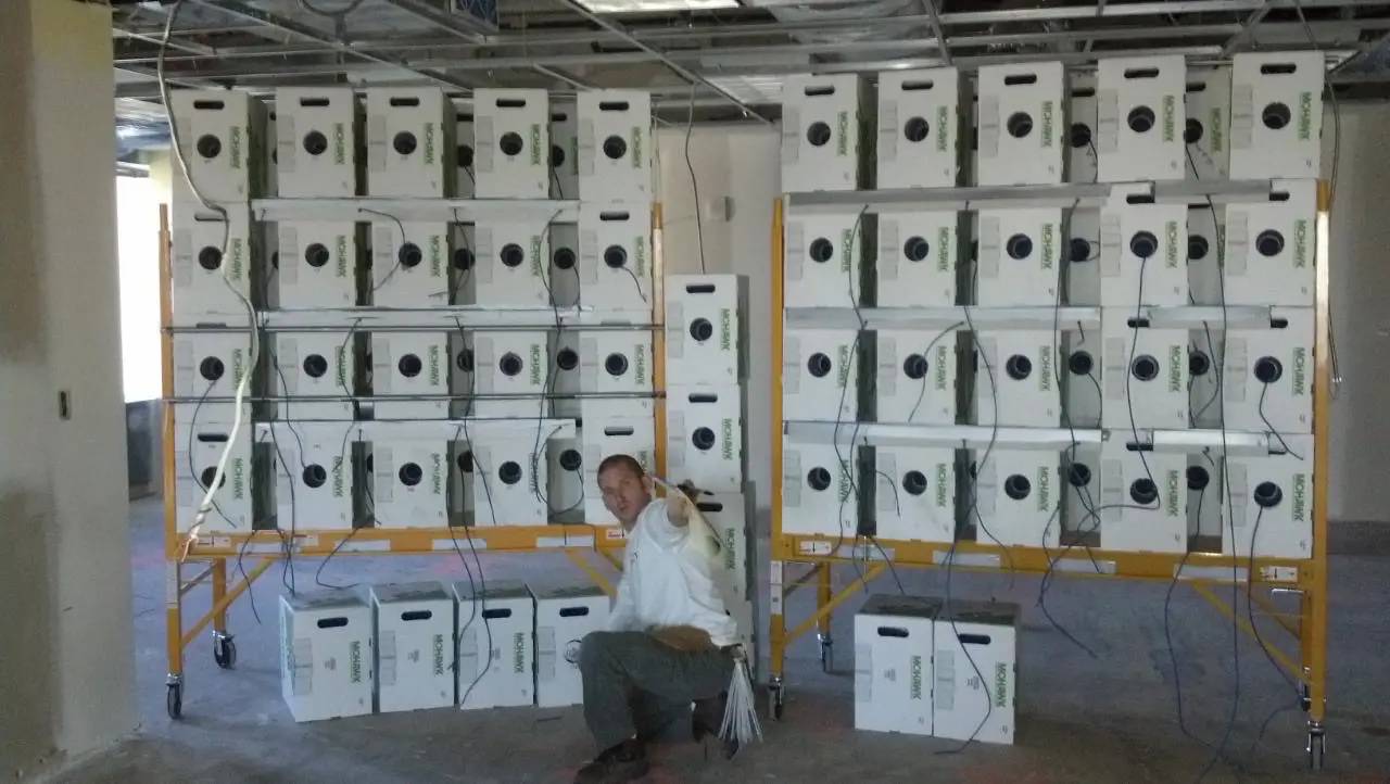 A man sitting in front of many boxes.